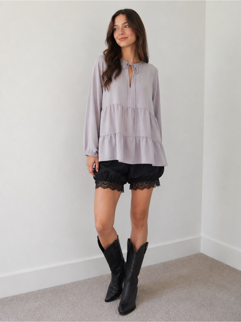 Wilfred Lavender Tie-Neck Tiered Blouse